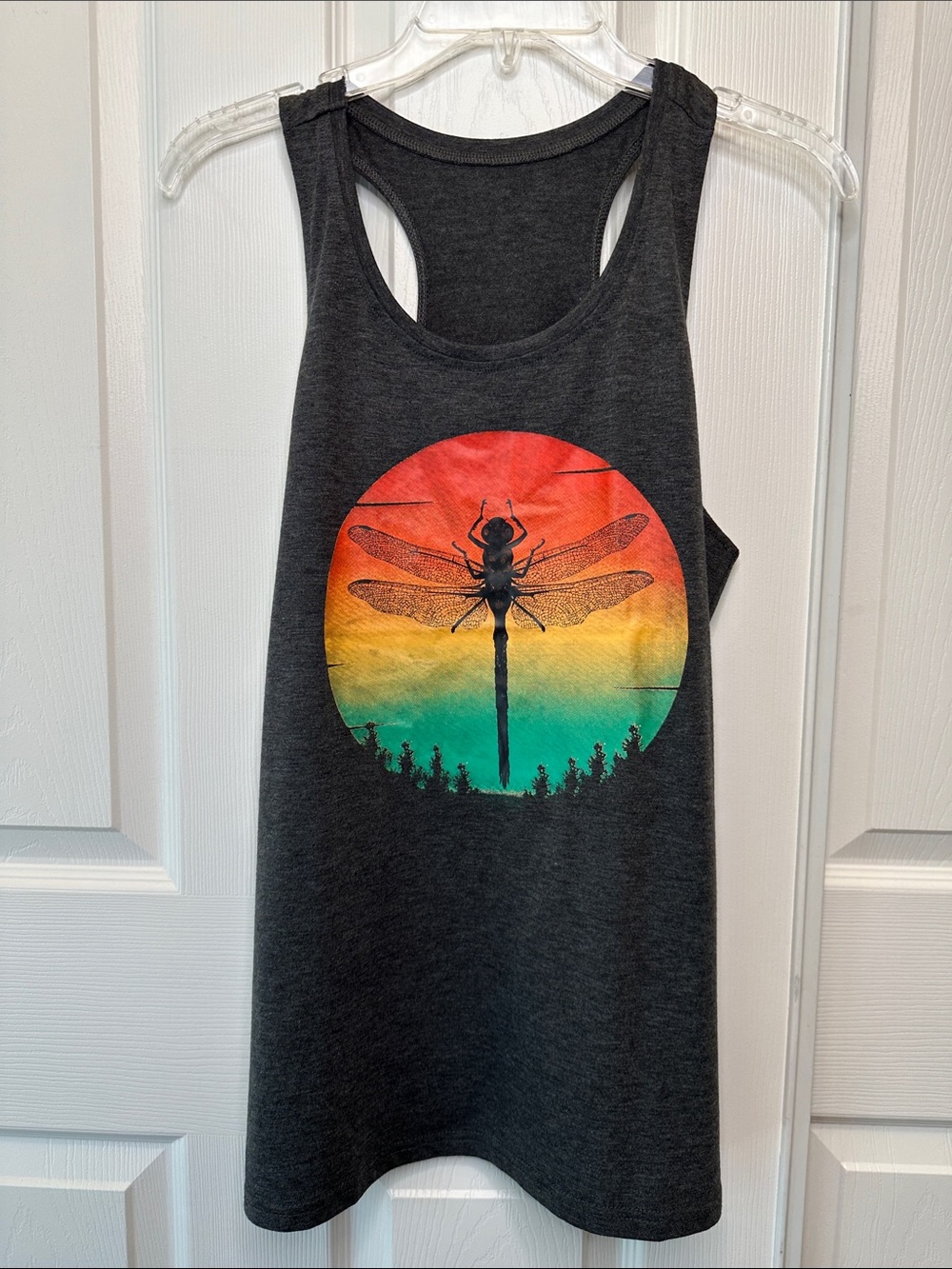 Dark Gray Tank Top with Dragonfly Sunset Graphic